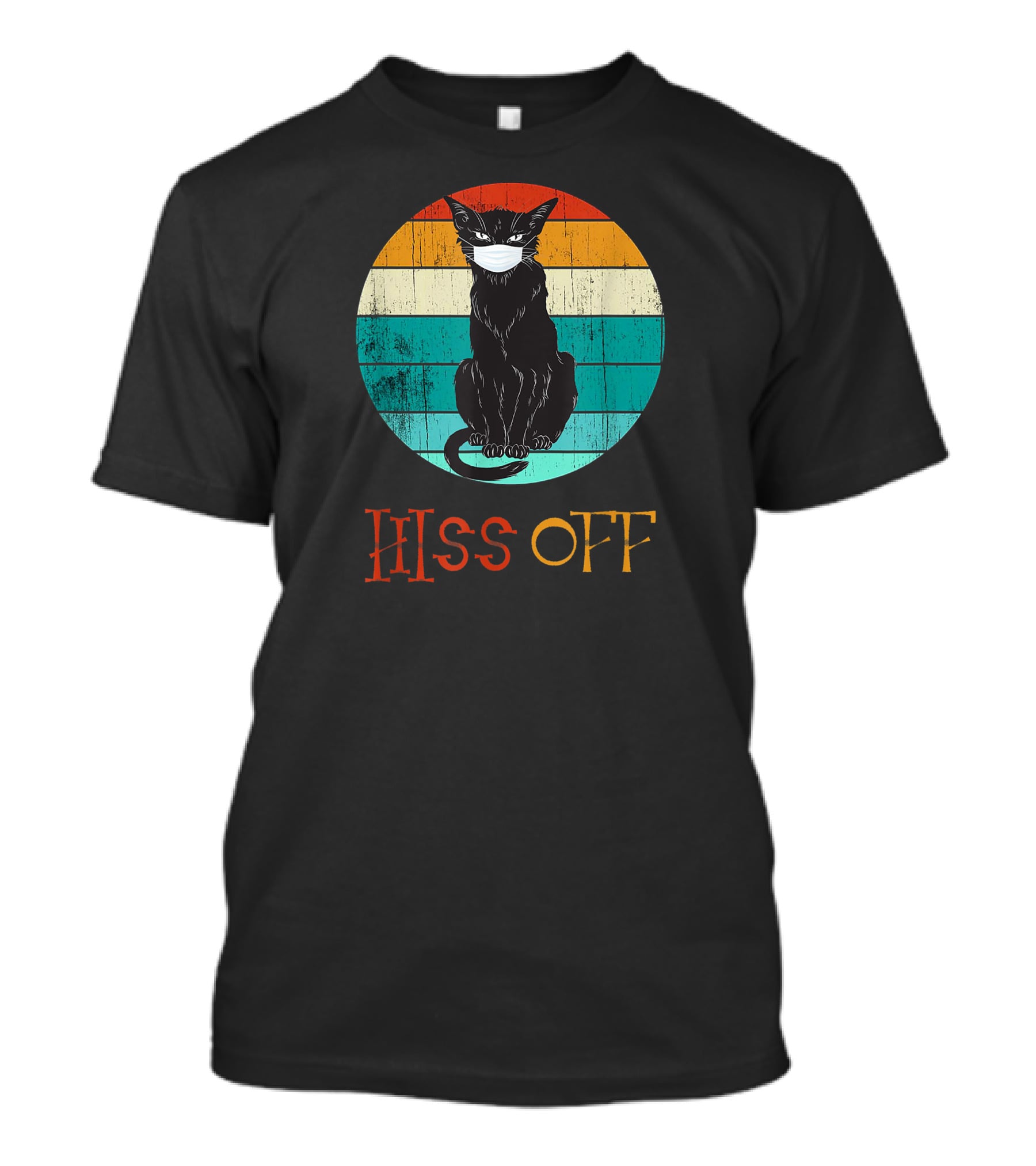 Hiss Off Black Kitty With Mask And Retro Stripes T-Shirt