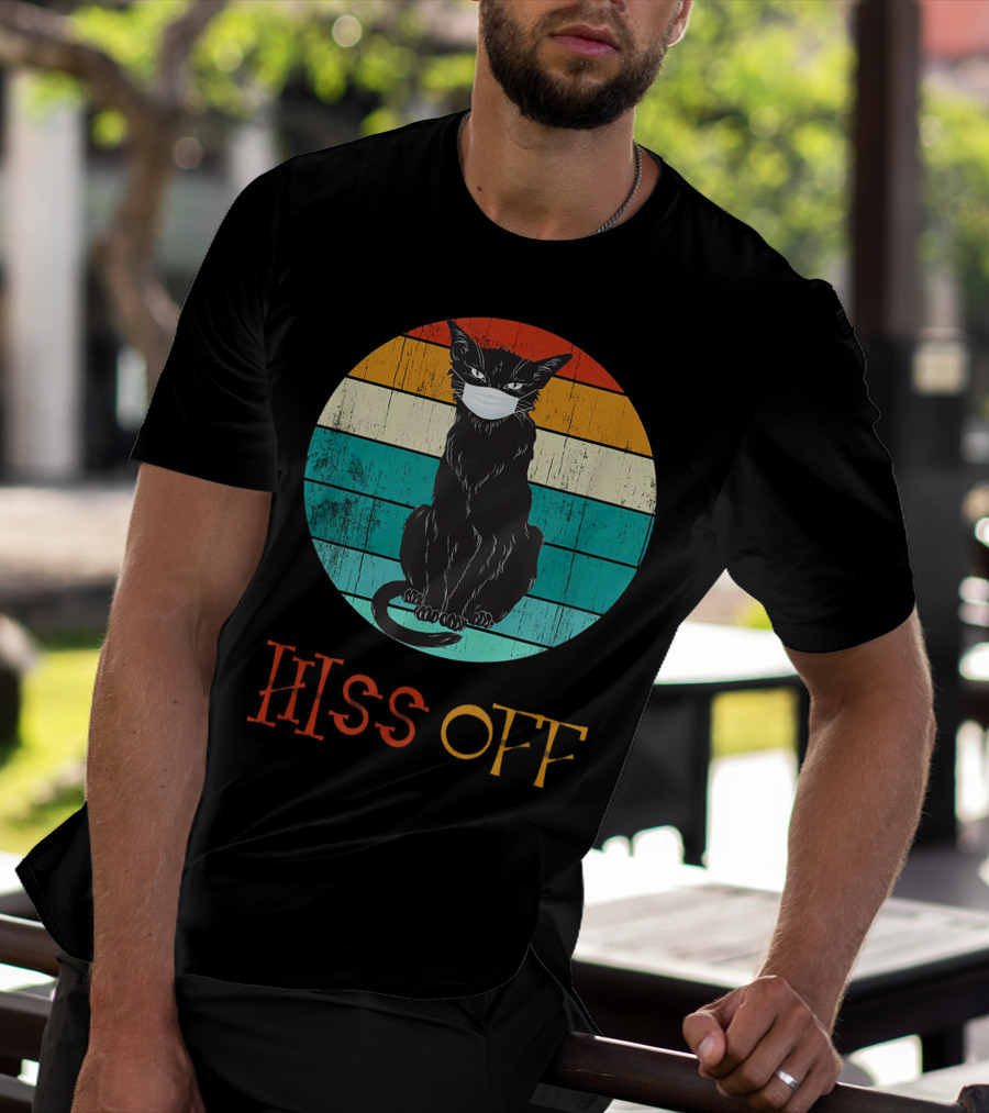 Hiss Off Black Kitty With Mask And Retro Stripes T-Shirt