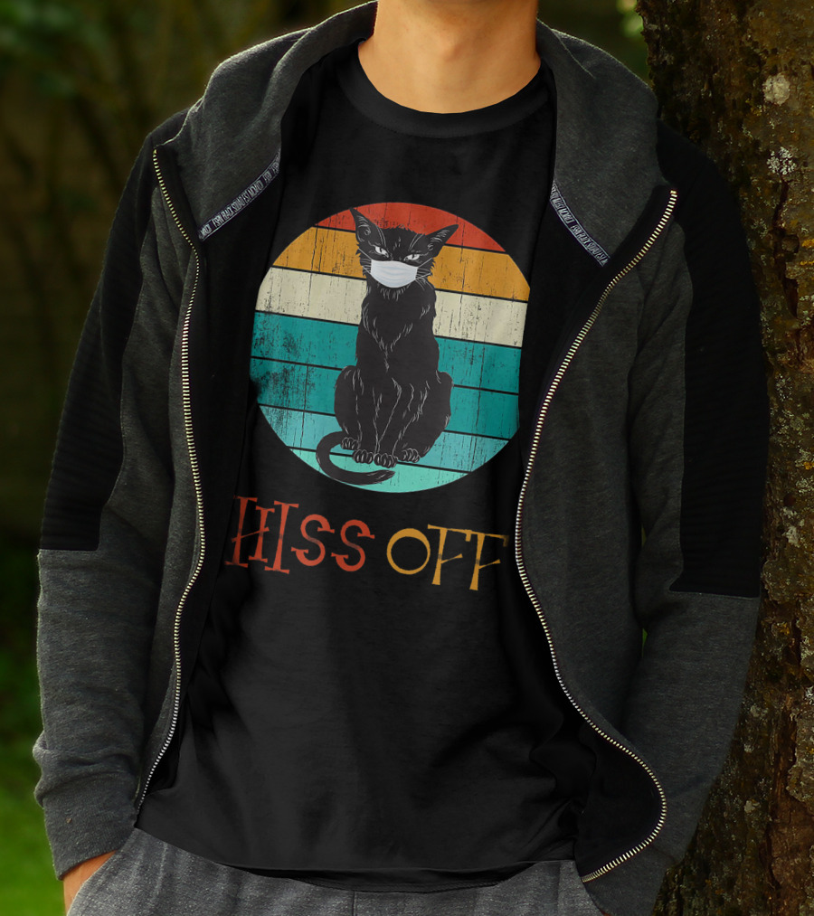 Hiss Off Black Kitty With Mask And Retro Stripes T-Shirt
