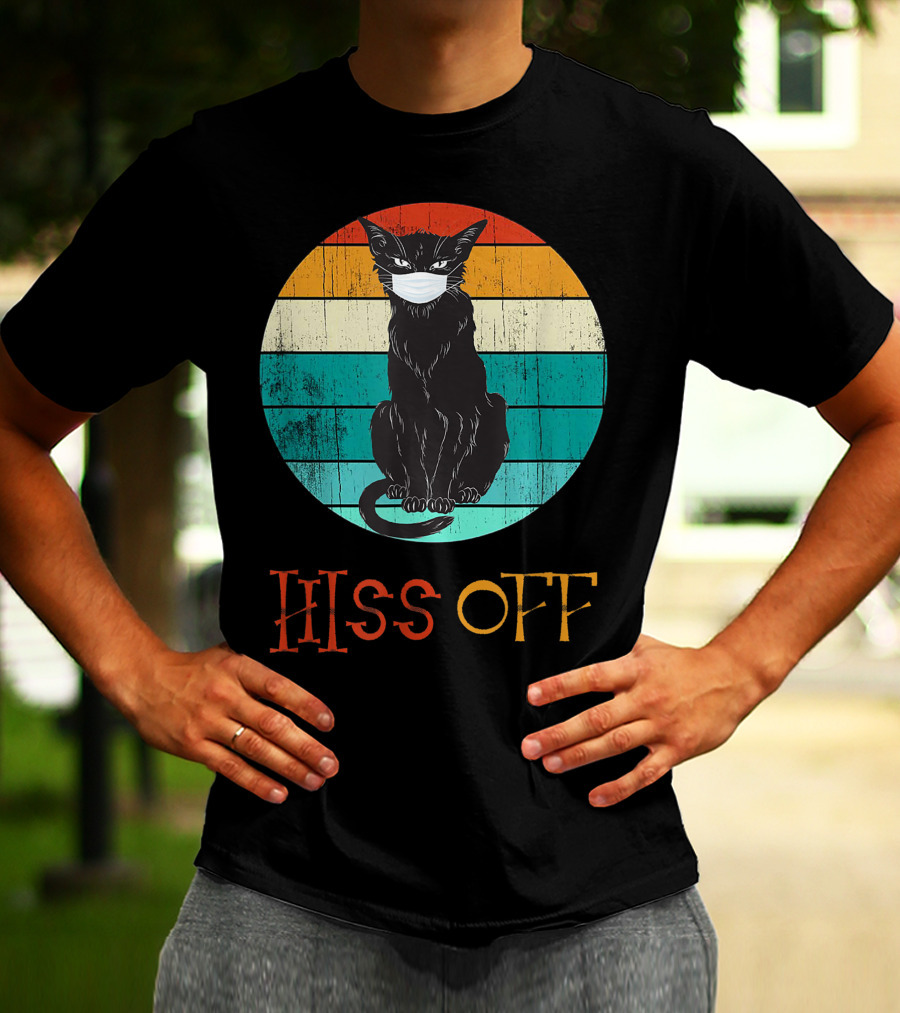 Hiss Off Black Kitty With Mask And Retro Stripes T-Shirt