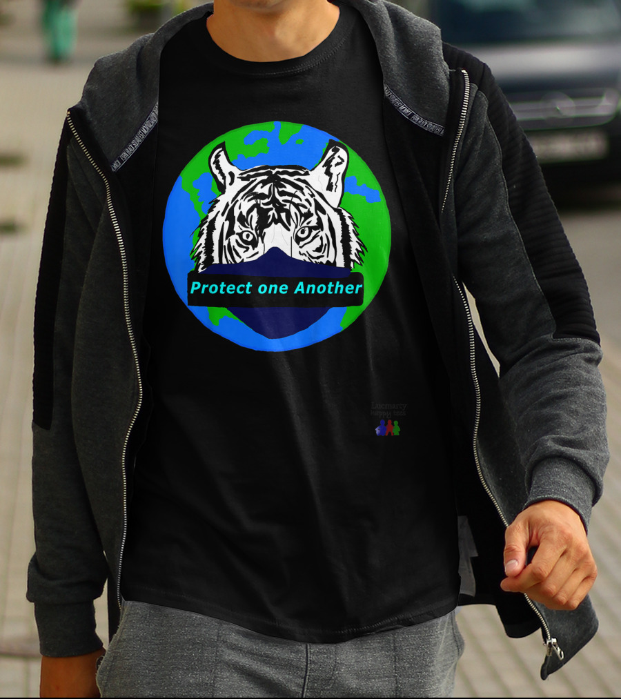 Lucmarty Protect One Another Tiger Wearing Face Mask Over Earth T-Shirt