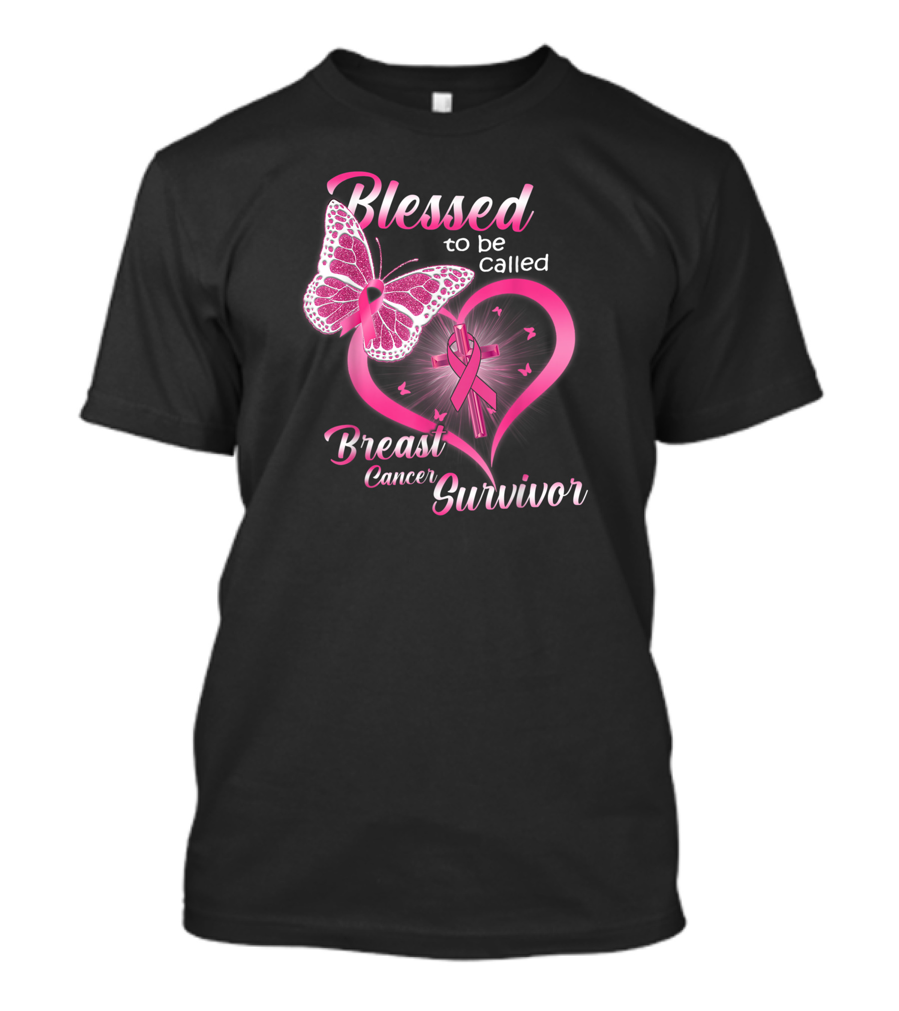 Blessed To Be Called Breast Cancer Survivor Pink Butterfly And Ribbon Heart T-Shirt