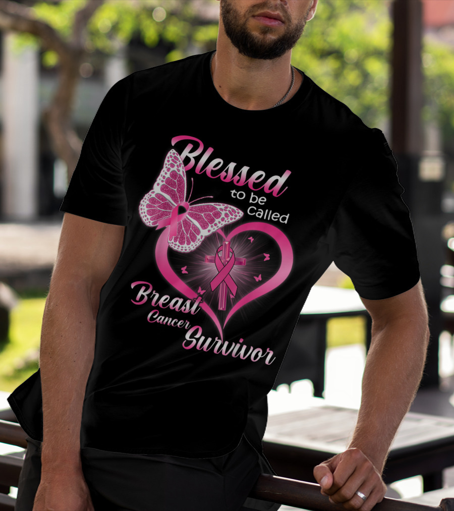 Blessed To Be Called Breast Cancer Survivor Pink Butterfly And Ribbon Heart T-Shirt