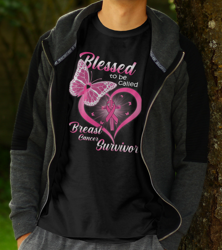 Blessed To Be Called Breast Cancer Survivor Pink Butterfly And Ribbon Heart T-Shirt