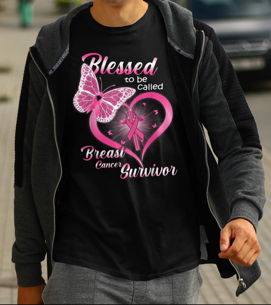 Blessed To Be Called Breast Cancer Survivor Pink Butterfly And Ribbon Heart T-Shirt