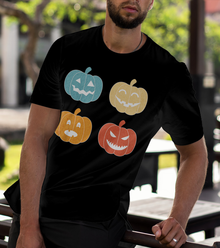 Vintage Halloween Colorful Pumpkin Faces T-Shirt