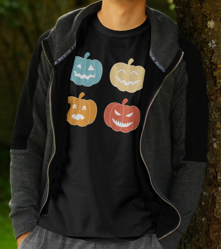 Vintage Halloween Colorful Pumpkin Faces T-Shirt
