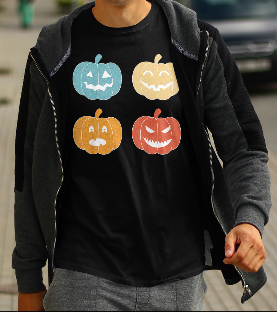 Vintage Halloween Colorful Pumpkin Faces T-Shirt