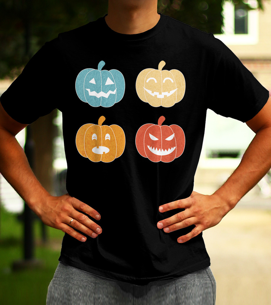 Vintage Halloween Colorful Pumpkin Faces T-Shirt