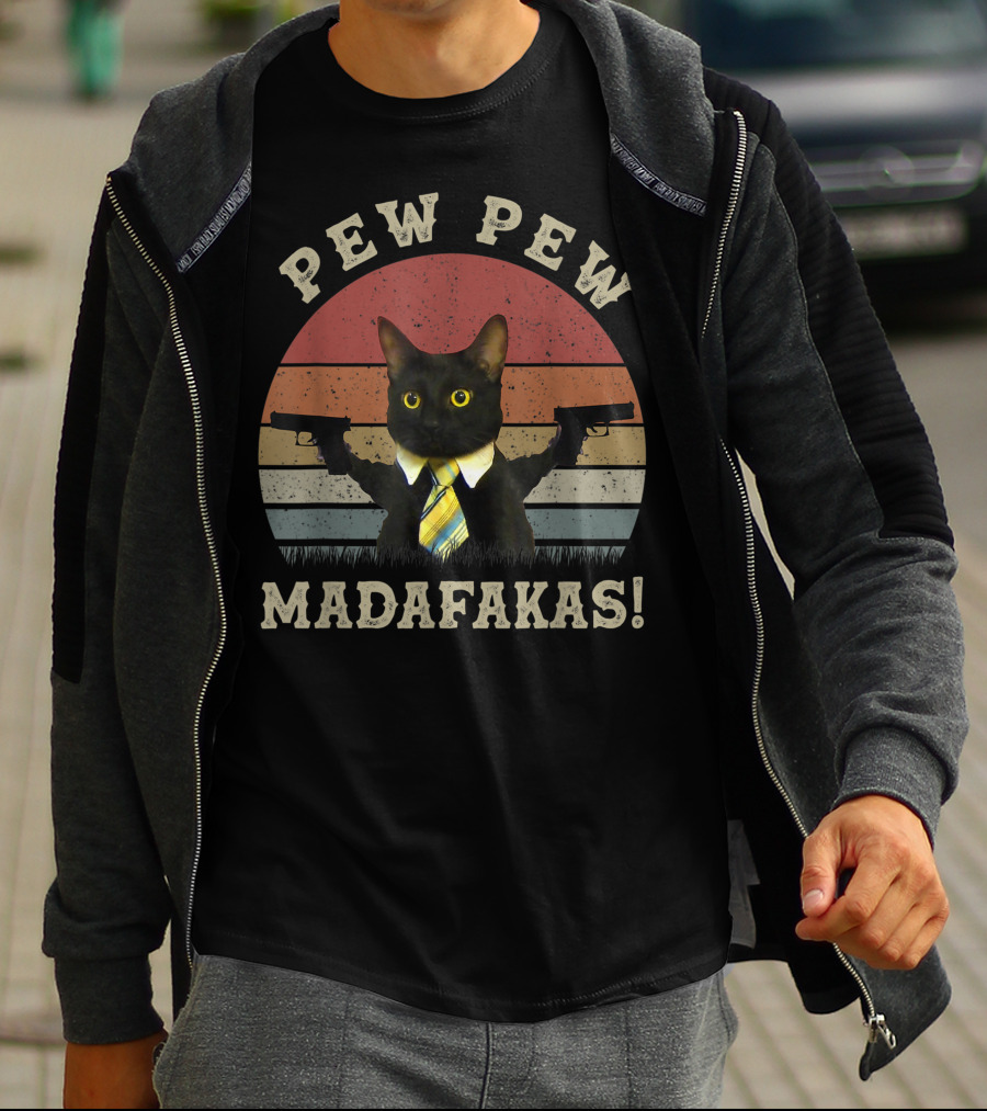 Pew Pew Madafakas Cat With Guns And Tie T-Shirt