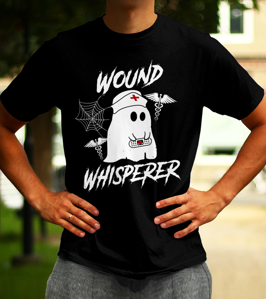Wound Whisperer Nurse Ghost With Caduceus And Spider Web T-Shirt
