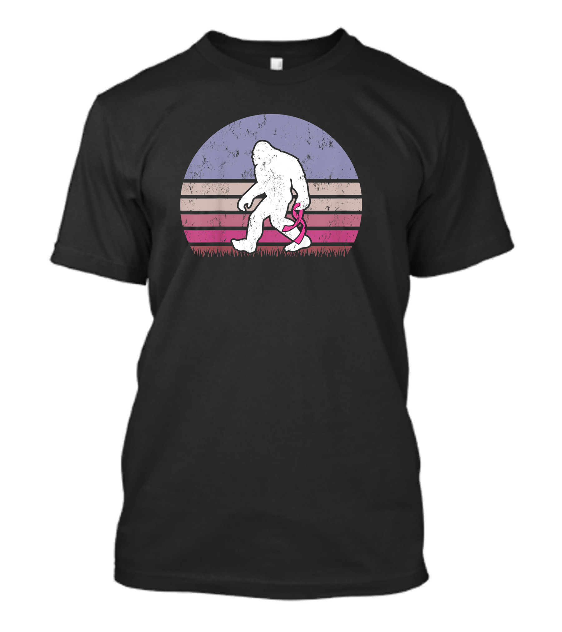 Vintage Bigfoot Breast Cancer Awareness Pink Ribbon Retro Stripes T-Shirt
