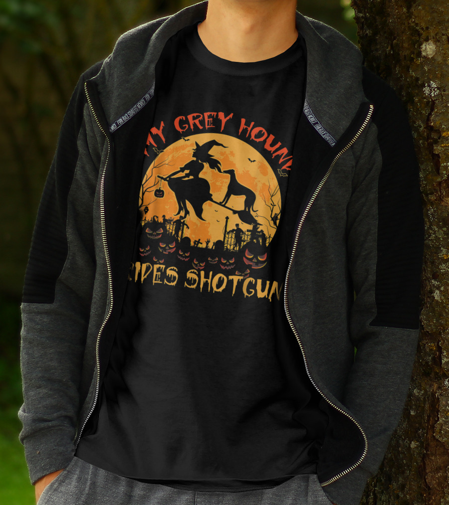 My Greyhound Rides Shotgun Witch Halloween Moon Pumpkins T-Shirt