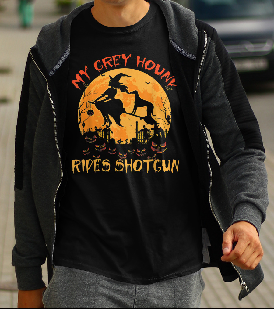 My Greyhound Rides Shotgun Witch Halloween Moon Pumpkins T-Shirt