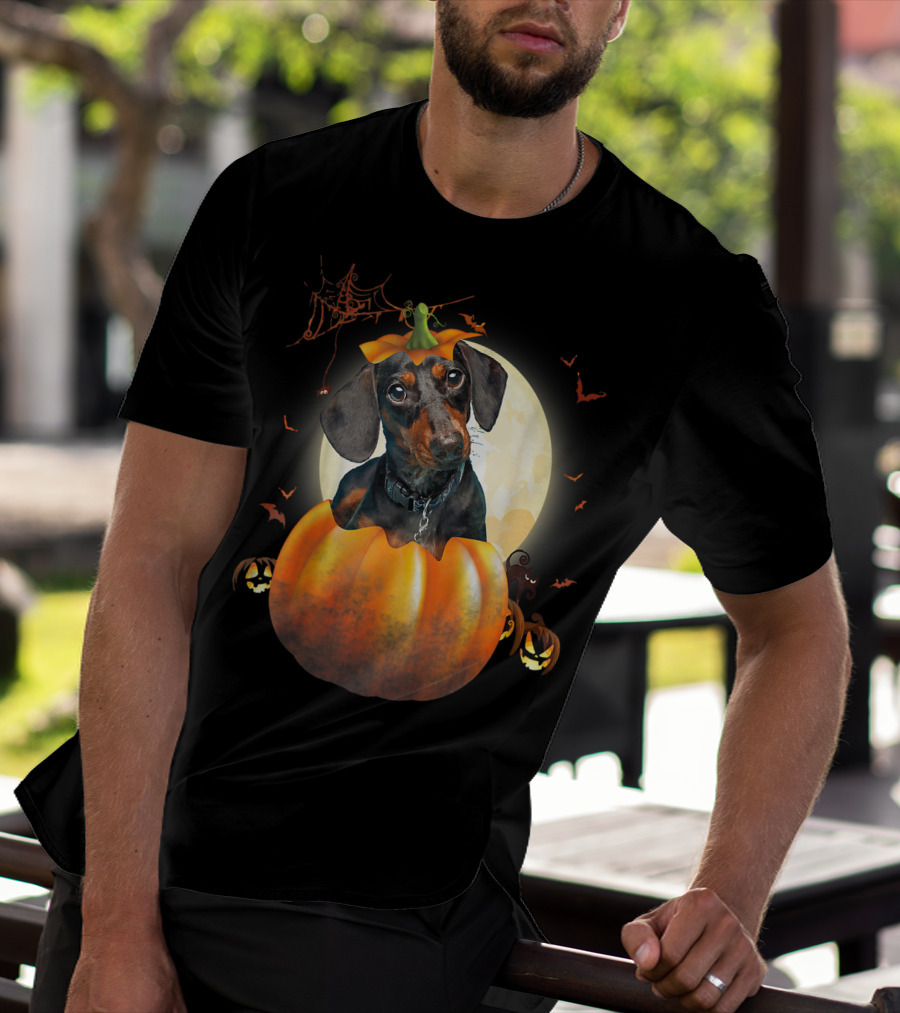 Halloween Funny Dachshund Pumpkin Moon Bats Spiderweb T-Shirt
