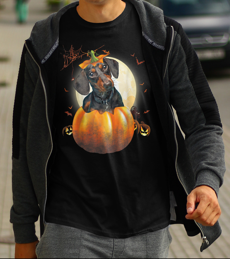 Halloween Funny Dachshund Pumpkin Moon Bats Spiderweb T-Shirt