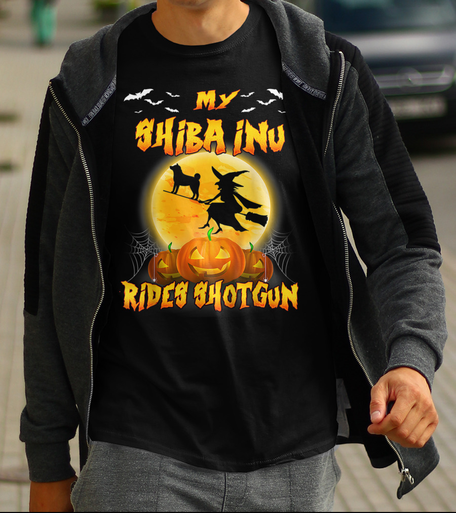 My Shiba Inu Rides Shotgun Halloween Moon Witch Pumpkins T-Shirt