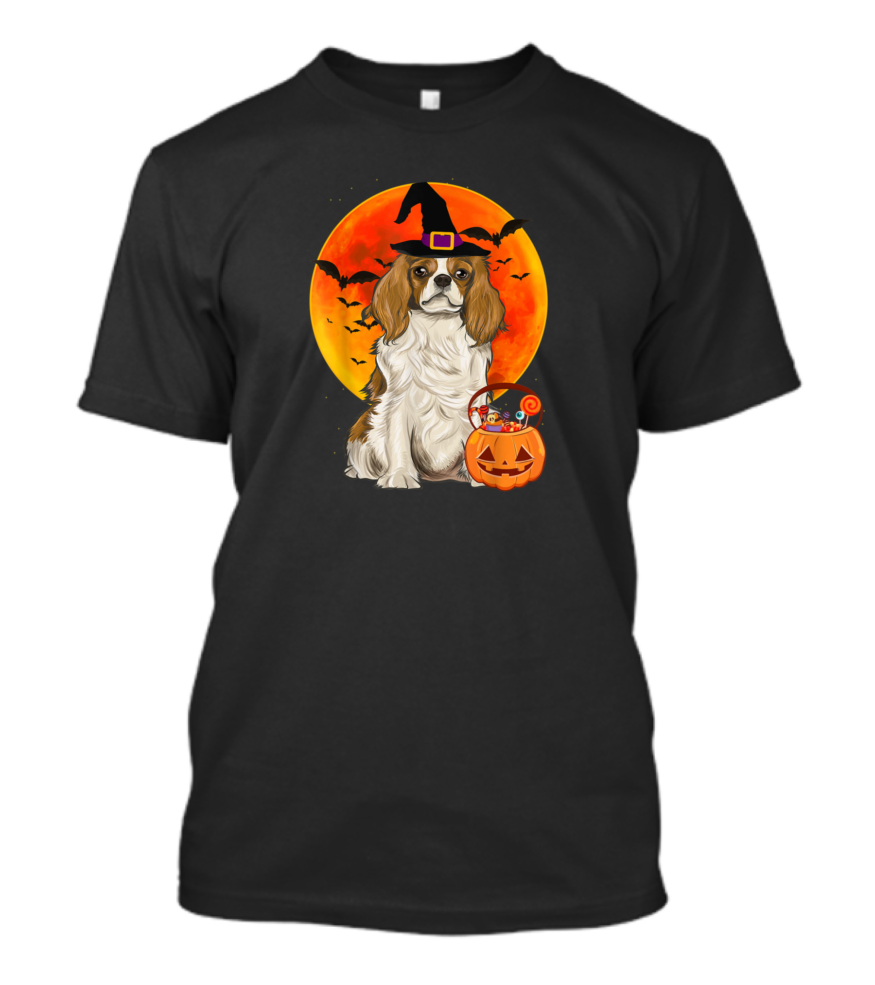 Halloween Cavalier Charles Spaniel With Pumpkin And Bats T-Shirt
