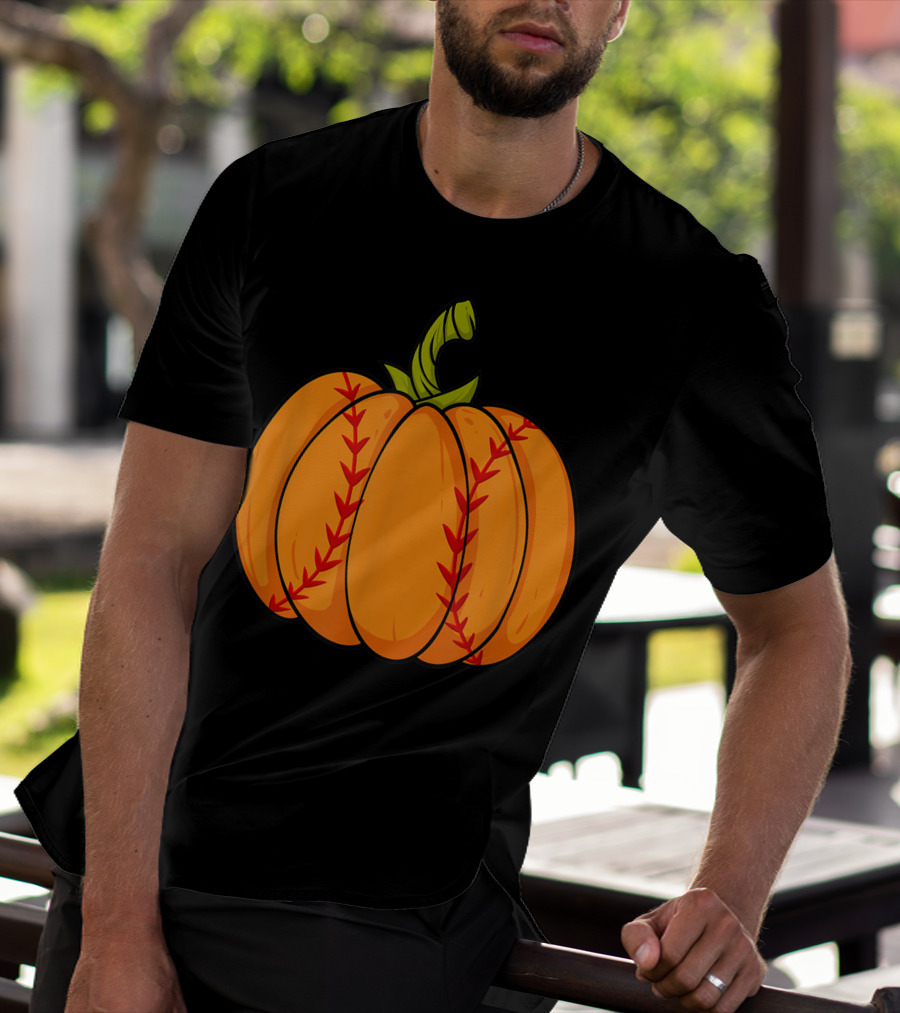 Thanksgiving Baseball Halloween Pumpkin Boys Pitcher Catcher Colorful Stitched T-Shirt