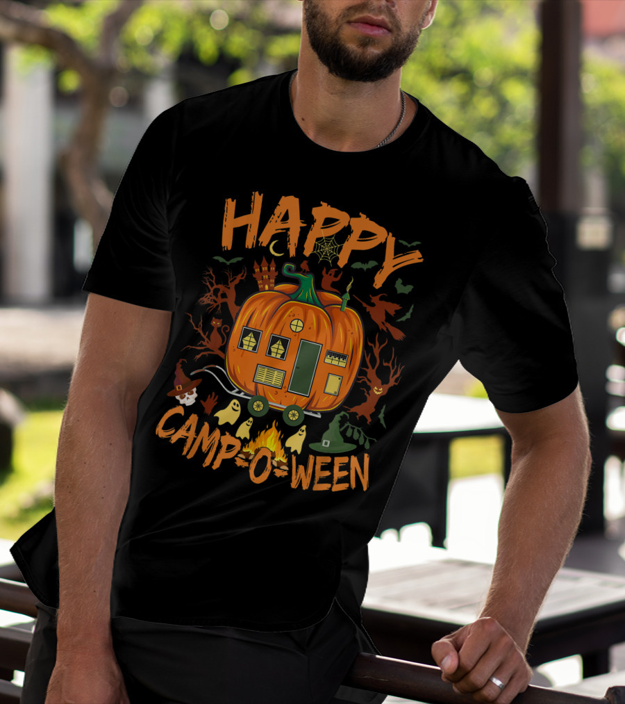 Happy Camp O Ween Halloween Camping Camper With Pumpkin, Ghosts, And Witch Hat T-Shirt