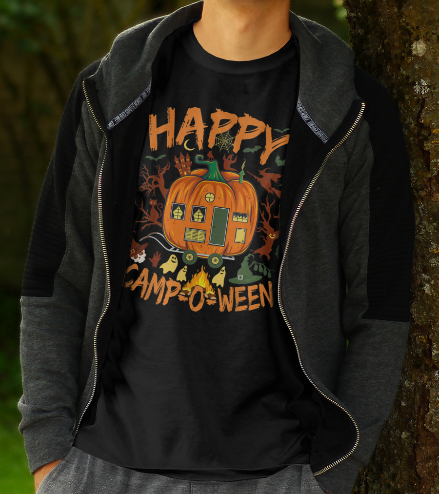Happy Camp O Ween Halloween Camping Camper With Pumpkin, Ghosts, And Witch Hat T-Shirt