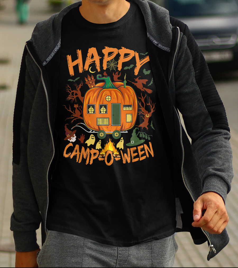 Happy Camp O Ween Halloween Camping Camper With Pumpkin, Ghosts, And Witch Hat T-Shirt