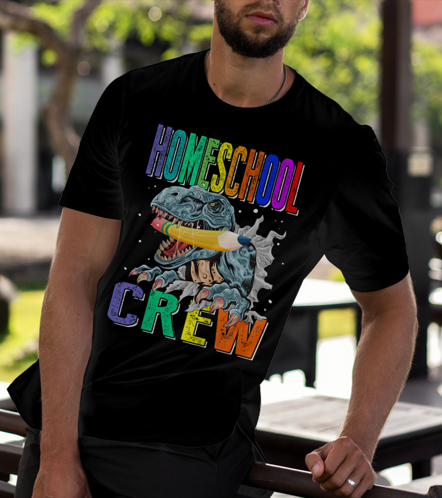 Homeschool Crew Dinosaur Funny Back To School Rainbow Colorful Pencil T-Rex T-Shirt