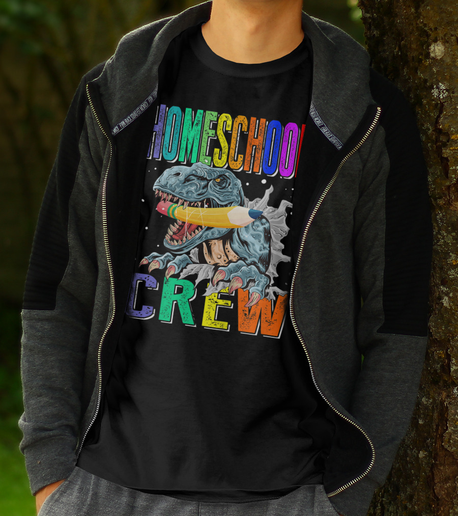 Homeschool Crew Dinosaur Funny Back To School Rainbow Colorful Pencil T-Rex T-Shirt