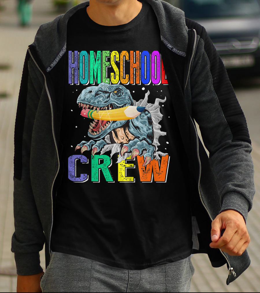 Homeschool Crew Dinosaur Funny Back To School Rainbow Colorful Pencil T-Rex T-Shirt