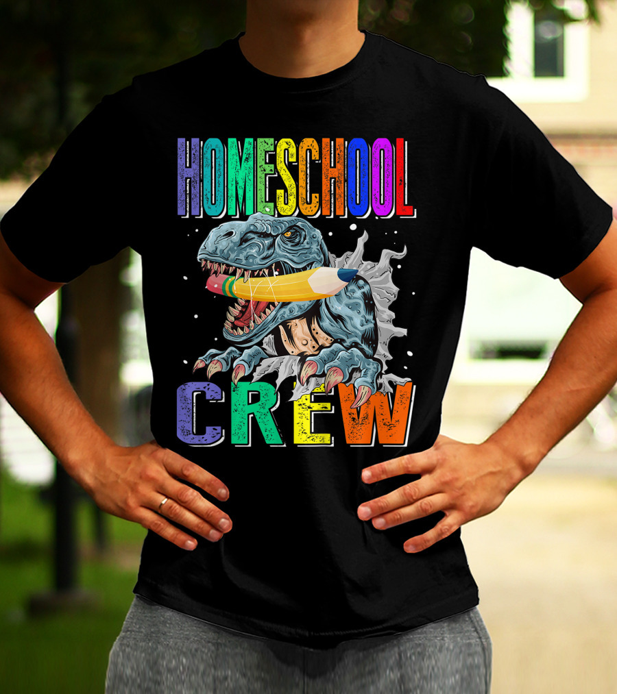 Homeschool Crew Dinosaur Funny Back To School Rainbow Colorful Pencil T-Rex T-Shirt