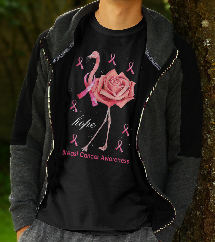 Hope Flamingo Breast Cancer Awareness Pink Ribbon Flower T-Shirt