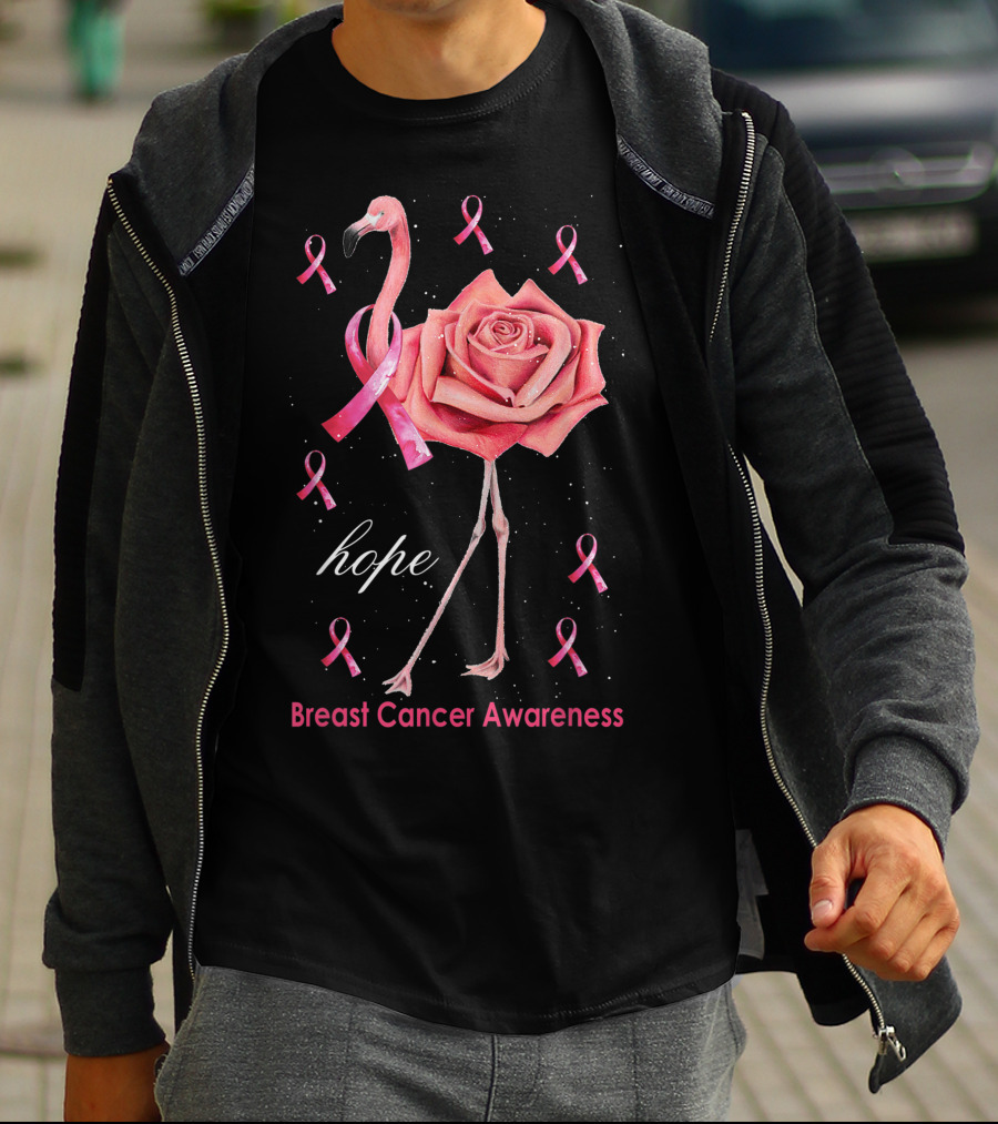 Hope Flamingo Breast Cancer Awareness Pink Ribbon Flower T-Shirt