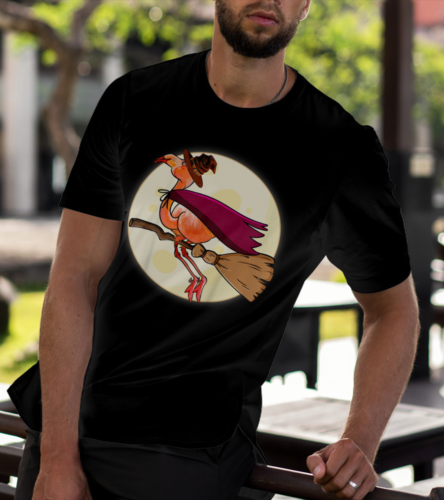 Funny Flamingo Witch Halloween Costume Colorful Lovers Broomstick Moon Hat T-Shirt