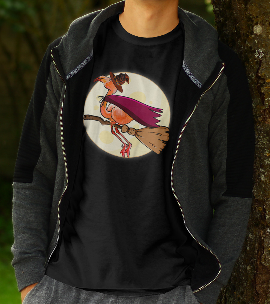 Funny Flamingo Witch Halloween Costume Colorful Lovers Broomstick Moon Hat T-Shirt