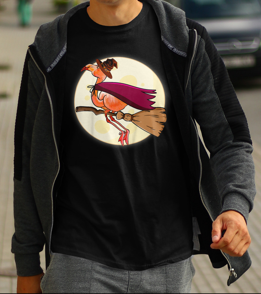 Funny Flamingo Witch Halloween Costume Colorful Lovers Broomstick Moon Hat T-Shirt