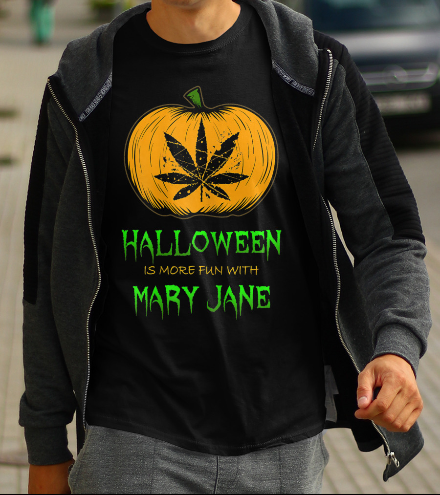 Halloween Is More Fun With Mary Jane Pumpkin Weed Leaf T-Shirt