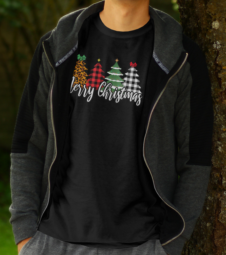 Merry Christmas Leopard Print Buffalo Plaid Holiday Trees T-Shirt