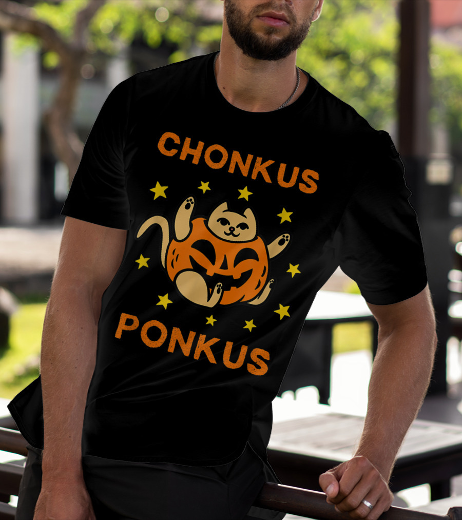 Chonkus Ponkus Funny Halloween Pumpkin Chubby Cat With Stars T-Shirt