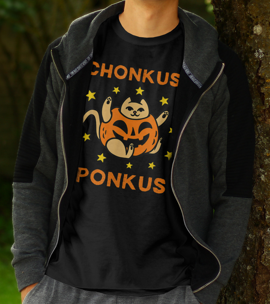 Chonkus Ponkus Funny Halloween Pumpkin Chubby Cat With Stars T-Shirt