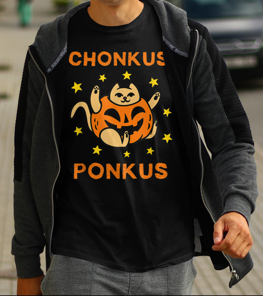 Chonkus Ponkus Funny Halloween Pumpkin Chubby Cat With Stars T-Shirt