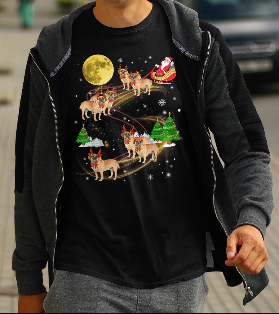 Puggle Reindeer Christmas Santa Sleigh Full Moon Holiday Scene T-Shirt