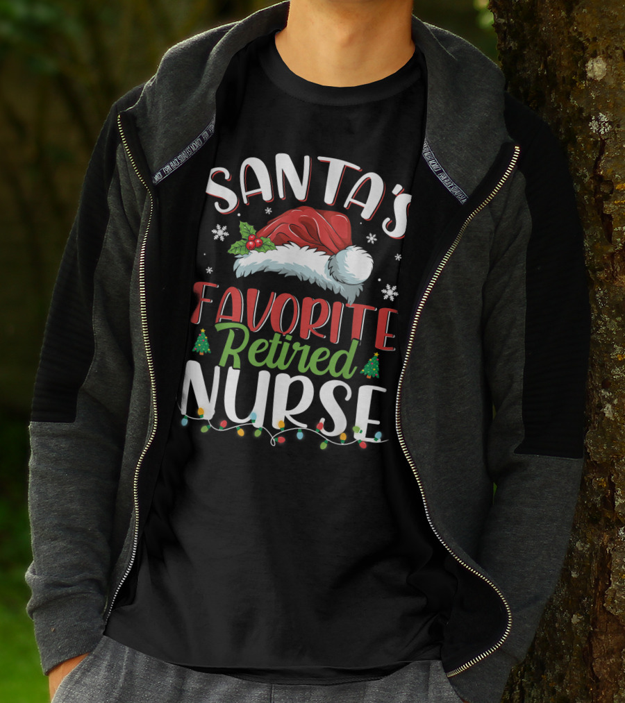 Santa's Favorite Retired Nurse Christmas Santa Hat Lights Snowflakes Holiday Cheer T-Shirt