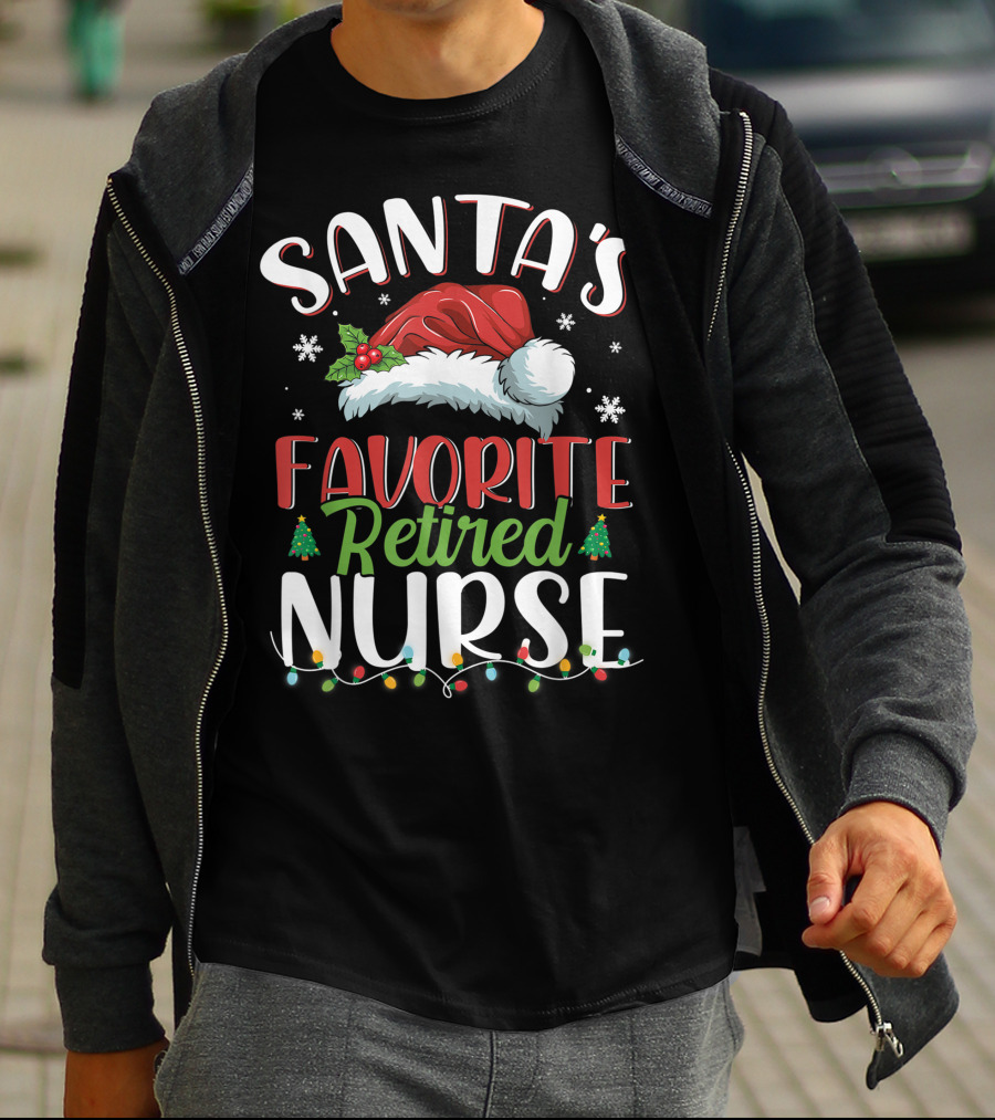 Santa's Favorite Retired Nurse Christmas Santa Hat Lights Snowflakes Holiday Cheer T-Shirt