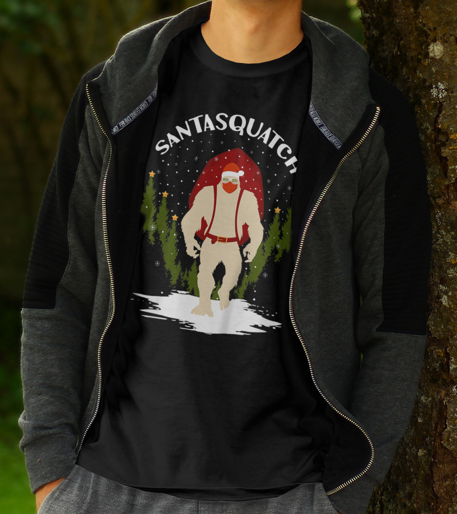 Santasquatch Bigfoot Christmas Santa Hat With Trees And Snowflakes T-Shirt