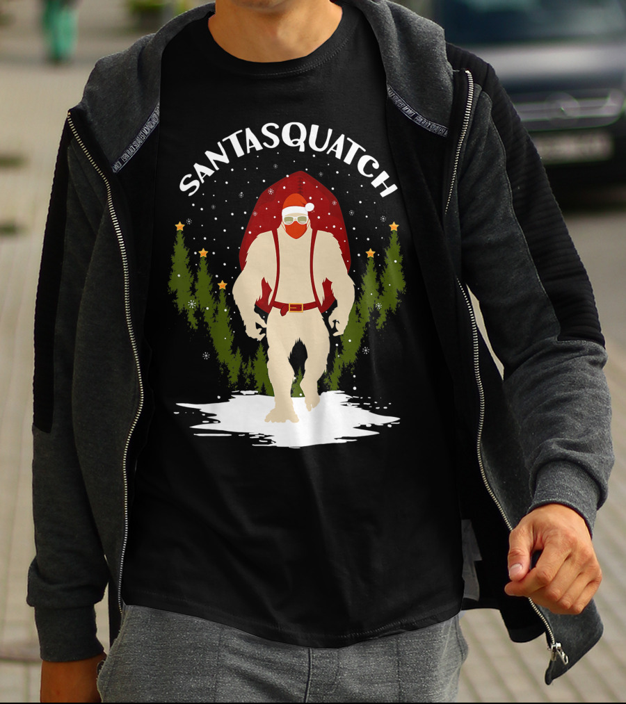 Santasquatch Bigfoot Christmas Santa Hat With Trees And Snowflakes T-Shirt