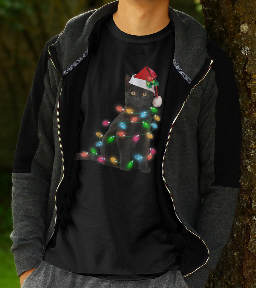 Black Cat In Christmas Lights With Santa Hat For Funny Cat Lover T-Shirt
