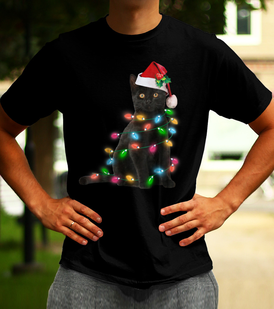 Black Cat In Christmas Lights With Santa Hat For Funny Cat Lover T-Shirt
