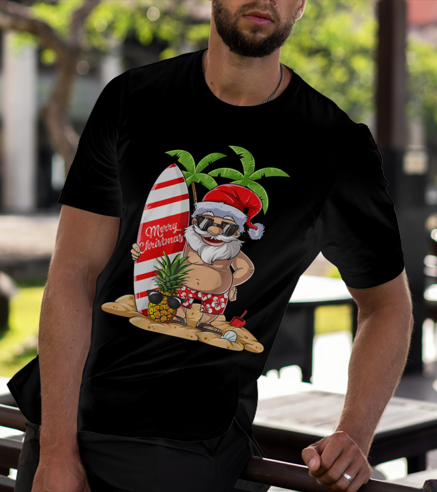 Merry Christmas Santa Hawaiian Surfing Summer Fun Pineapple Beach T-Shirt
