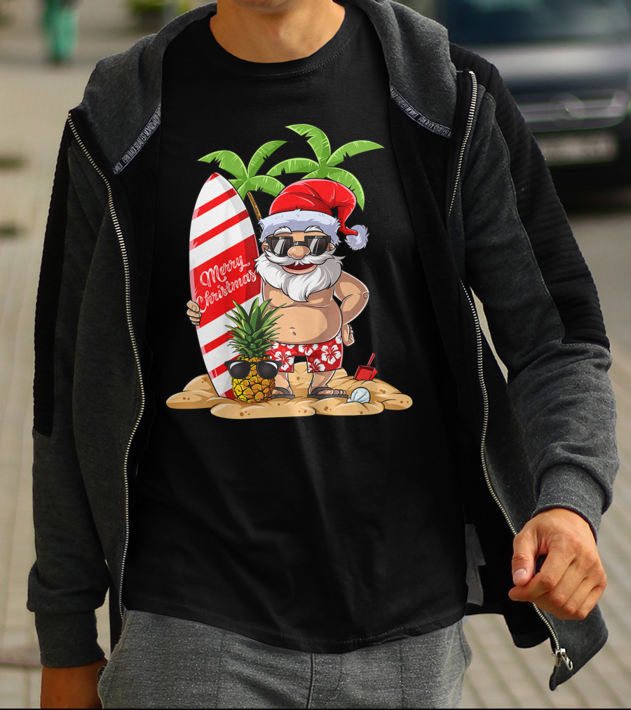 Merry Christmas Santa Hawaiian Surfing Summer Fun Pineapple Beach T-Shirt
