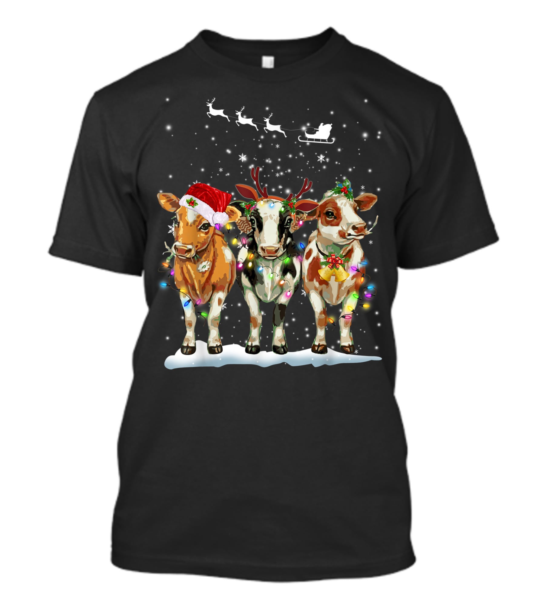 Cow Reindeer Hat Santa Christmas Light Sleigh Snowflakes T-Shirt